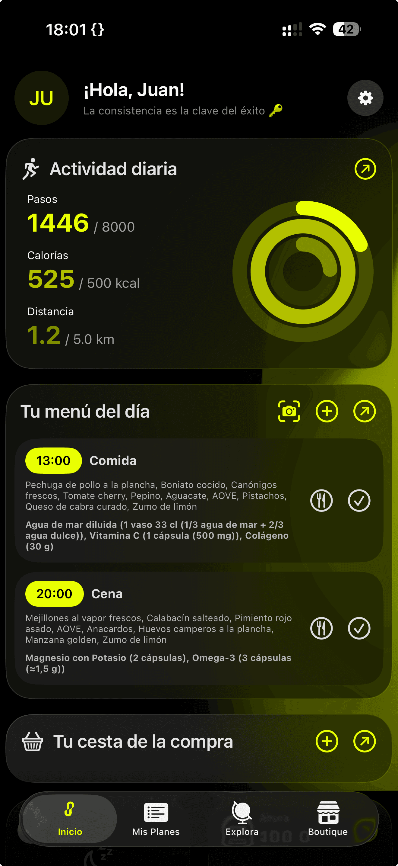Pantalla de inicio de Kunoa en modo oscuro